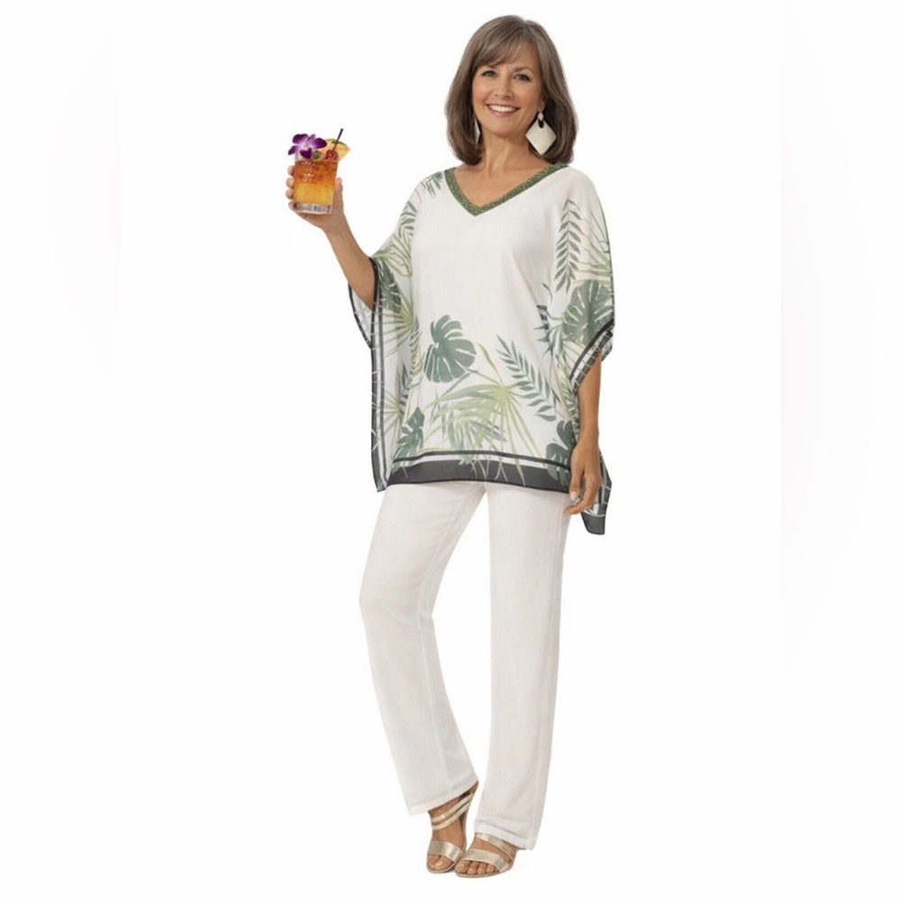 Midnight Velvet Palm White Pant Set Office Casual Church Brunch Cruise Summer
